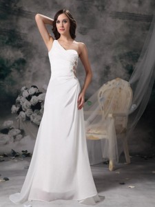White One Shoulder Wedding Dress Chiffon And Taffeta Beading And Ruch Brush Train