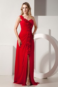 Red Empire One Shoulder Hand Made Flowers Prom / Evening Dress Brush Train Chiffon
