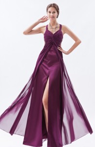 Dark Purple Column / Sheath Straps Prom Dress Chiffon Beading Floor-length
