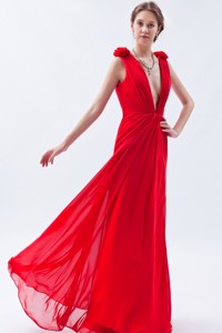 Red Empire V-neck Floor-length Chiffon Beading Prom Dress