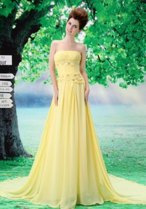 Light Yellow Strapless In Raleigh For Custom Made Prom Dress With Ruched Bodice and Beading