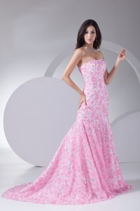 Court Train Special Floral Embossed Fabric Prom Dress in Pink