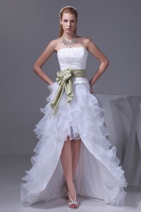 White High-low Embroidery Prom Dress for Women with Sash Organza