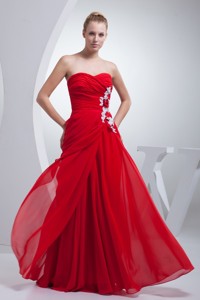 Red Floor-length Chiffon Prom Gown Dress with Appliques and Ruches
