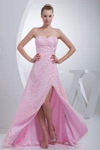 Beaded Pink Floor-length Prom Gown Dress with High Slit and Sweetheart