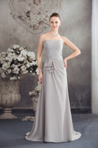 Half Bowknot and Beading Accent Ruched Grey Prom Graduation Dress