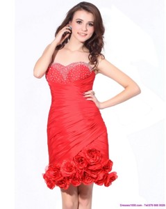 Beading Red Sweetheart Prom Dress With Hand Made Flowers And Ruching