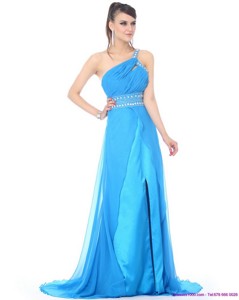 Elegant One Shoulder Blue Long Prom Dress With Rhinestones