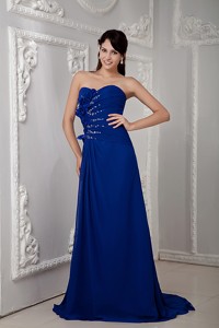 Luxurious Royal Blue Prom Dress Empire Sweetheart Beading Brush Train Chiffon