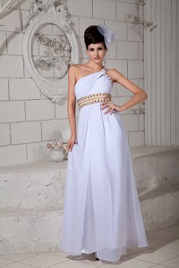 Cute White Empire Prom Dress One Shoulder Ruch Brush Train Chiffon
