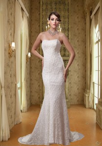 White Strapless Mermaid Lace Wedding Dress With Brush Train