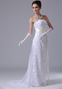Stylish Strapless Lace Column Sheath Brush Sweep Ankeny Iowa Wedding Dress