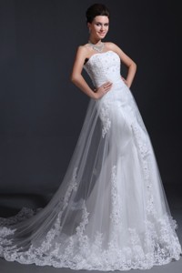 Strapless Mermaid Lace Appliques Wedding Dress with Chapel Train 