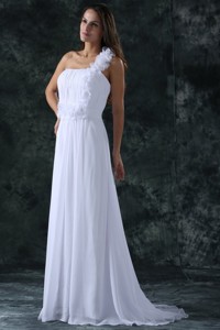 White Empire One Shoulder Ruching Brush Train Chiffon Wedding Dress 