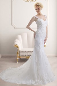Elegant Mermaid Straps Zipper Up Wedding Dress with Lace Appliques 
