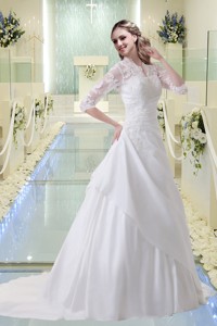 Princess Appliques V Neck Court Train Wedding Dress with Long Sleeves 