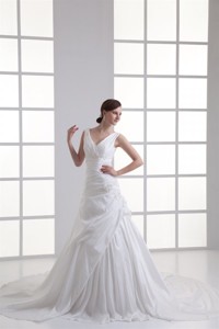 Gorgeous V-neck Cathedral Train Wedding Dress With Appliques And Beading