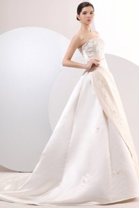 Princess Strapless Court Train Satin Champagne Wedding Dress with Embroidery 