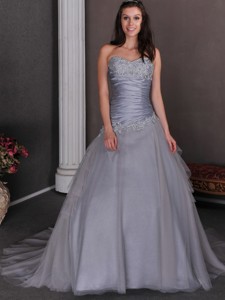 Beautiful Grey Wedding Dress Sweetheart Court Train Taffeta And Tulle Appliques