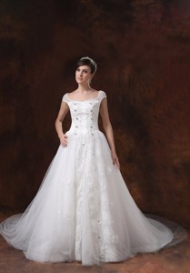 Square Wedding Dress With Appliques Decorate On Tulle