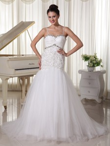 Spaghetti Straps Taffeta And Tulle Wedding Dress With Beaded Decorate Up Bodice Court Train