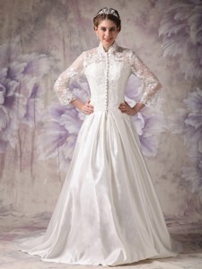 Ivory High-neck Court Train Satin Lace Wedding Dress