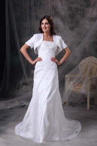 White Column Strapless Court TrainTaffeta Appliques and Ruch Wedding Dress 