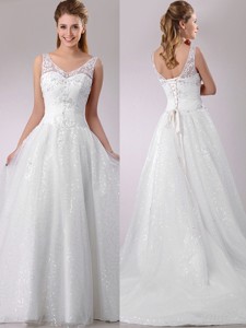 1The Super Hot A Line V Neck Court Train Beaded Wedding Dress in Tulle 