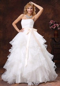 Custom Made Ball Gown Sash Wedding Dress Strapless With Sash Organza