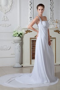 Sweet Empire One Shoulder Court Train Chiffon Beading and Ruch Wedding Dress 