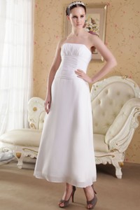 White Empire Strapless Ankle-length Satin and Chiffon Ruch Wedding Dress 