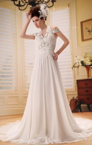 Halter and Off the Shoulder Beading Empire Chiffon White Court Train Wedding Dress 