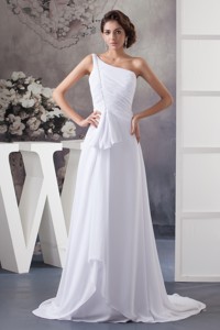 Ruched and Beaded Cool Neckline with Brush Train and One Shoulder 