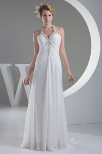 White Halter Top Ruched Wedding Dress with Appliques and Beading 