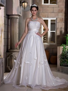 Exquisite Strapless Chapel Train Taffeta And Organza Ruch Wedding Dress