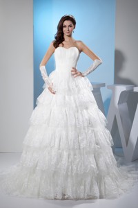 Ruffled Layers Sweetheart Court Train Wedding Dress With Lace