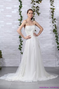 Pretty Ruffled White Strapless Wedding Gowns With Brush Train
