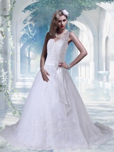 Eelgant Halter Bowknot Wedding Dress Lace Brush Train