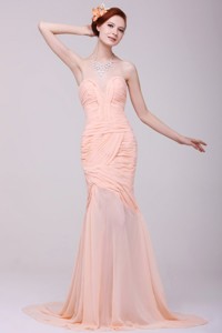 Column Sweetheart Beading and Ruche Peach prom Dress with High Silt