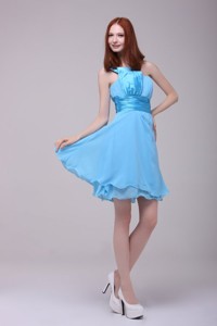 Baby Blue One Shoulder Ruching Prom Dress with Chiffon