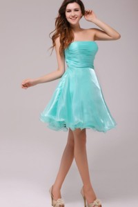 Strapless Aqua Blue Organza Ruching Prom Dress