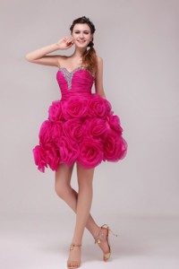 Hot Pink Sweetheart Knee-length Hand Made Flowers Prom Dress