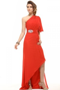 Column One Shoulder Beading High-low Chiffon Prom Dress with Side Zipper