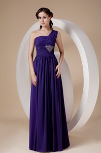 Purple Column / Sheath One Shoulder Floor-length Chiffon Beading Prom Dress