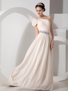 Champagne Empire One Shoulder Floor-length Chiffon Beading Prom Dress