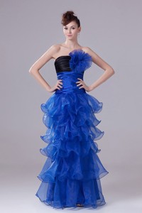 Royal Blue Prom Dress With Hand Made Flowers Ruffled Layers and Ruch