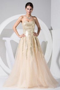 Sequin Decorate Bodice Tulle Champagne Floor-length Prom Dress