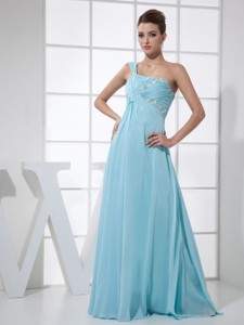 Light Blue One Shoulder Beading And Ruch Empire Floor-length Prom Dress