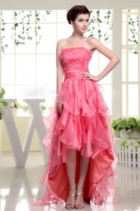 High-low Coral Red Prom Dress With Beading Rufflers Layers