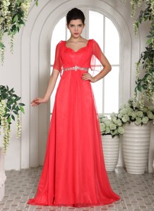 Custom Made Coral Red Square Beading Prom Dress In South Carolina